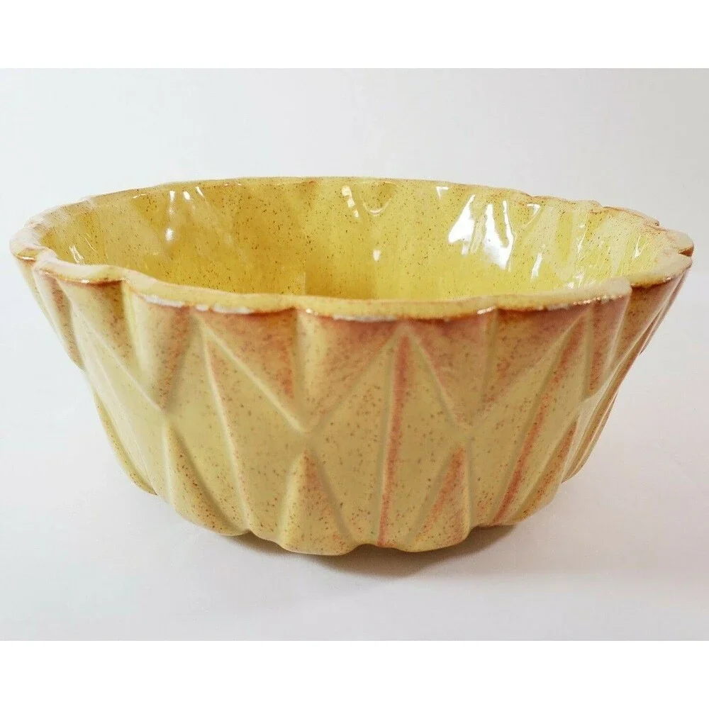 Vtg Yellow Orange Speckled Ceramic Bowl UpCo Ungemach Pottery Geometric USA